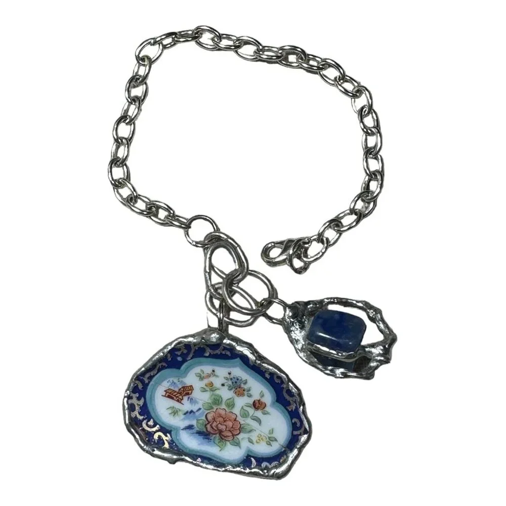 Broken China & Sodalite Charm Bracelet with Artisan Silver-Blend Boho Metalwork